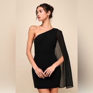 Majestic Energy Black Cape Sleeve One-Shoulder Mini Dress
